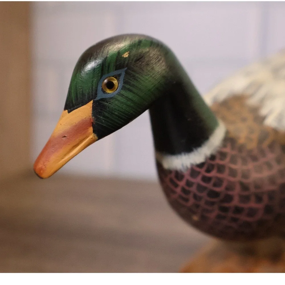 Vintage Hand Carved Painted Standing Mallard Duck Sculpture Wood Base Folk Art